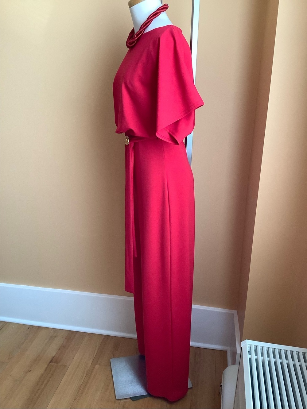 KENDI BOUTIQUE Red Flutter Sleeve Wide Leg Belted Jumpsuit Dolman Romper XL - Picture 4 of 13